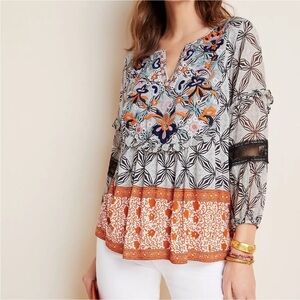 Anthropologie Terri Embroidered Top Ruffles Lace cutouts inset Colorful Sz XS